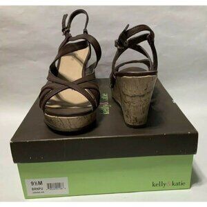Kellie And Katie Size 9.5M Cork Wedge Heels Brown Janine Straps Adjustable